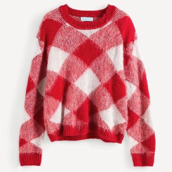 Sandro Sparks Diamond Sweater Red Plaid Mohair Wool Size Small crew neck - Picture 9 of 12